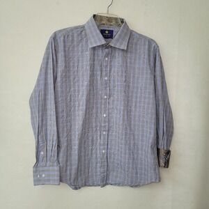 Christian Aujard Shirt Mens 2XL/XXL Blue Plaid Contrast‎ Turn Cuff Office Preppy